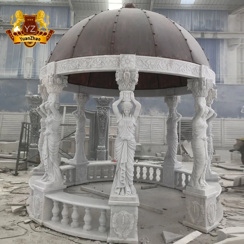 Garden Stone Gazebos White Marble Carving Gazebos with Lady Statues Column Pavilion