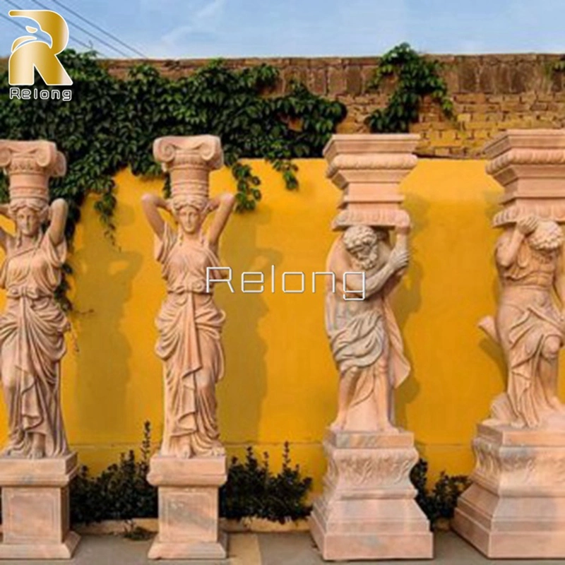 Outdoor Indoor Decorative Architectural Building Pillar Hand Craved Natural Marble Stone Greek Column with Greek Man Statue