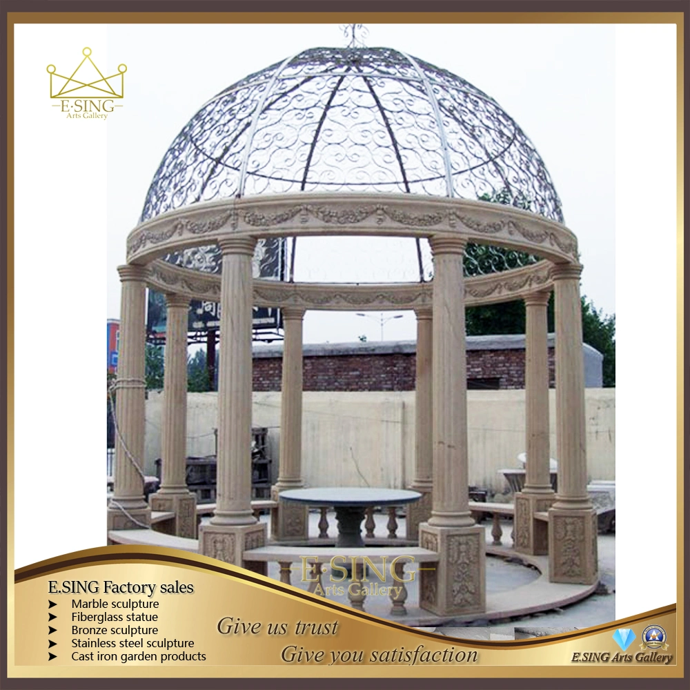 Hot Sale Rusty Yellow Granite Roman Column Gazebo Outdoor Granite Stone Gazebo with Metal Roof Garden Decoration Outdoor Gazebo